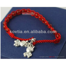 Atacado de prata pingente de jóias vermelhas frisado bracelete de corda trançada